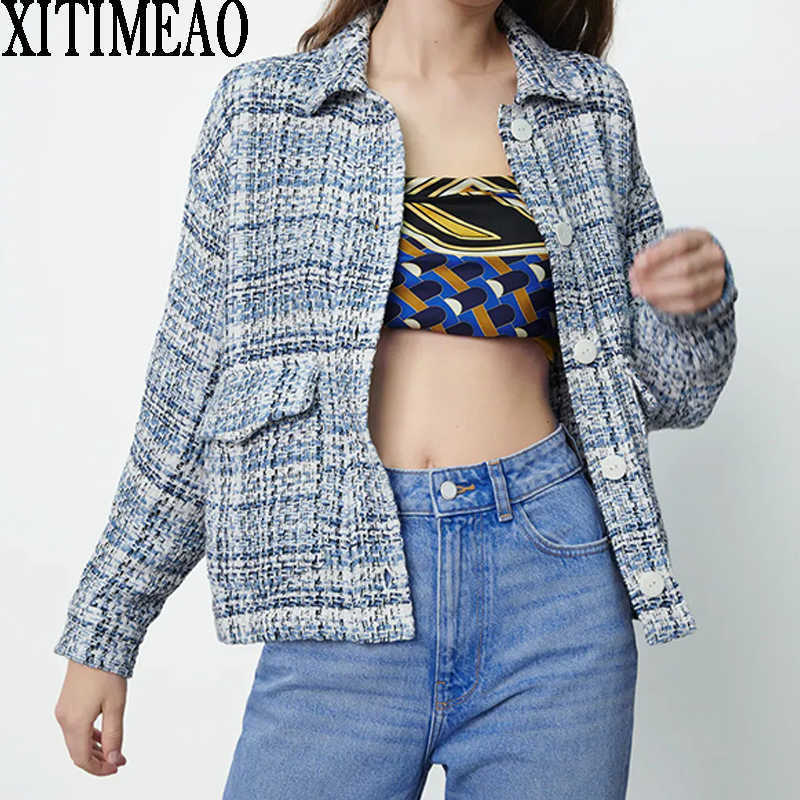 

ZA Women Fashion Overshirts Checked Jacket Tweed Coat Vintage Female Outerwear Chic Tops And High Waisted Shorts 210602