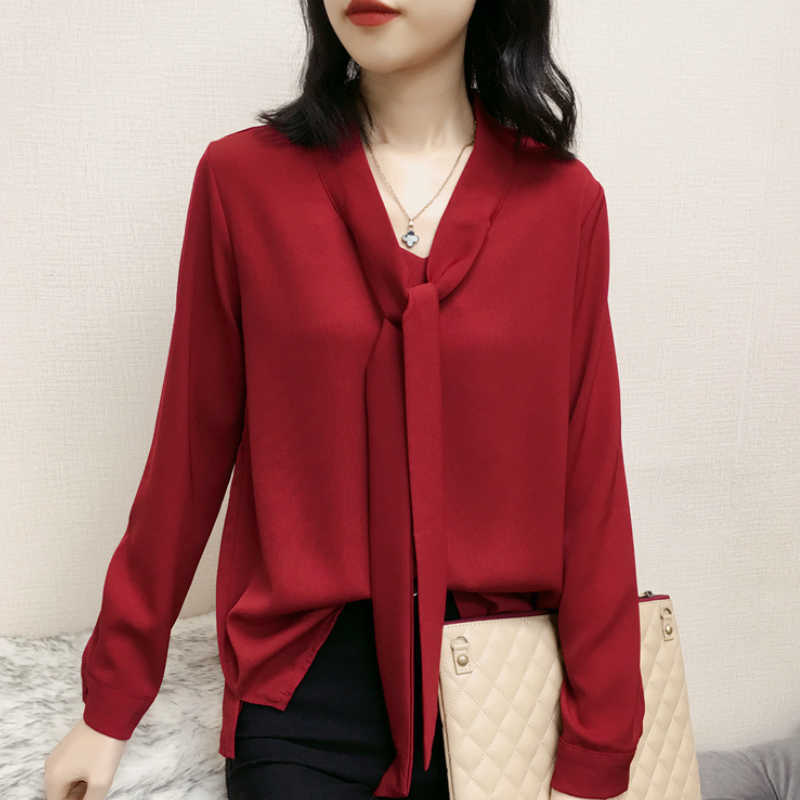 

Fashion Woman Blouses Bow V-neck Office Ladies Tops Long Sleeve Red Chiffon Blouse Ladies Tops Womens Tops And Blouses C256 210602, Burgundy