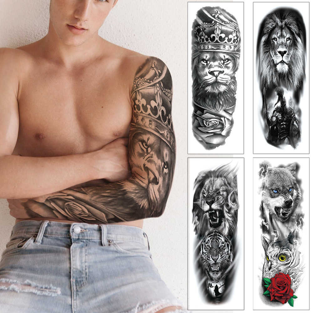 

Big Lion Arm Sleeve Crown Pink King Waterproof Tattoo Temporary Wolf Sticker Wild Tiger Men Full Tatto Skull Totem