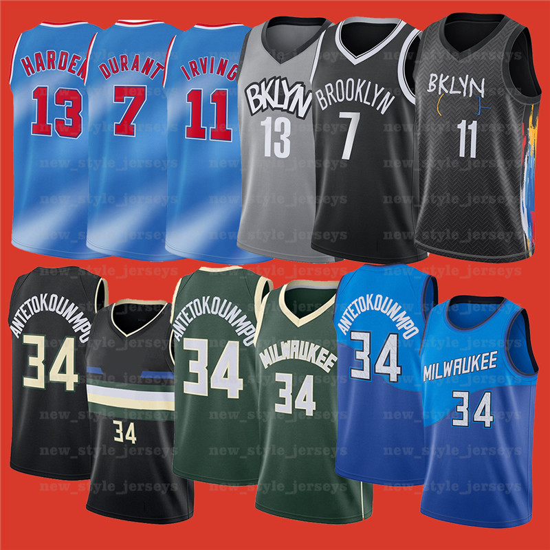 

7 Kevin 11 Kyrie 34 Giannis Irving Antetokounmpo Durant 13 Harden Brooklyn Nets Milwaukee Bucks z33 Basketball Jerseys, Black;red