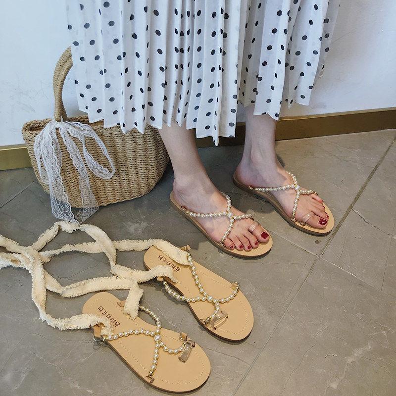 

Sandals Women 2022 Summer Sweet Flat Roman Style Collocation Fairy Dress Pearl Shoes External Wear Holiday SandalsSandals, Beige