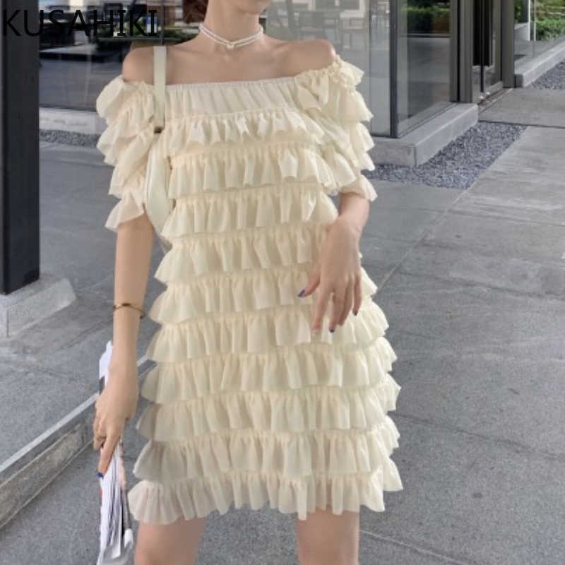 

KUSAHIKI Woman Dress Sexy Slash Neck Short Sleeve Dresses Korean Layered-ruffle Slim Mini Vestidos Summer 6G927 210602, Black