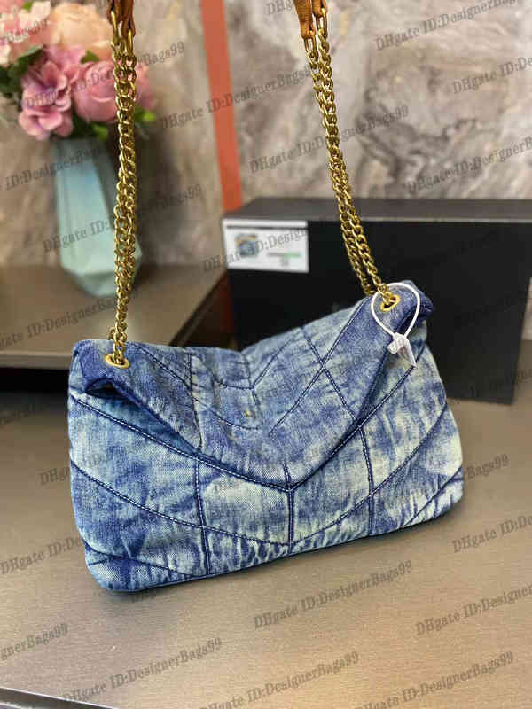 

Designers Washed Denim Bag LOULOU Puffer Fashion Classic Jeans Shoulder Messenger Shopping Bags Luxury Designer Handbag Purse Chain, Washed denim bag gold logo