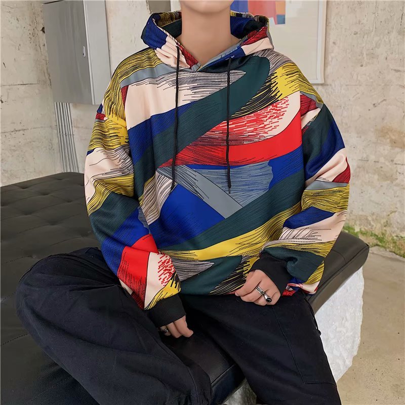 

2021 New Japanese Men's Doodle Printing Round Neck Pullover Hoodies Cotton Long Sleeve Loose Coats Casual Sweatshirts Size M-xl F4c5, Blue
