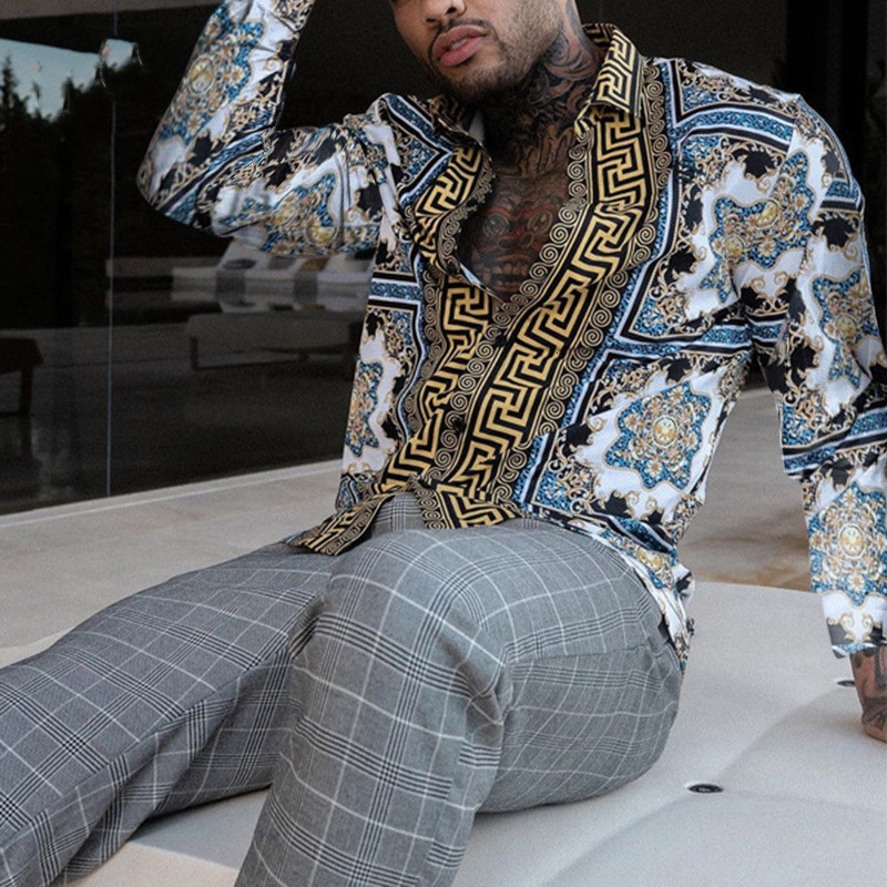 

2021 New Autumn Men Slim Print National Style Long Sleeve Shirts Fashion Party Holiday Casual Flower Shirt Homme Umb4, Picture