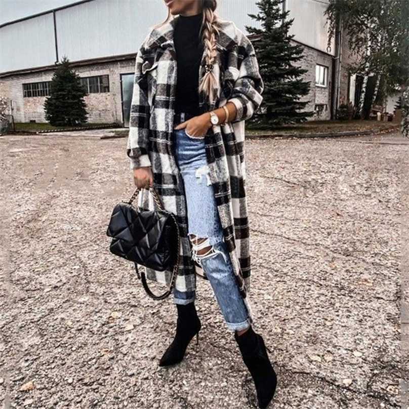 

Autumn Winter Fashion Single Breasted Women Long Coat Elegant Turn-Down Collar Overcoat Vintage Checked Lady Long Jacket Outwear 211019, 02 khaki