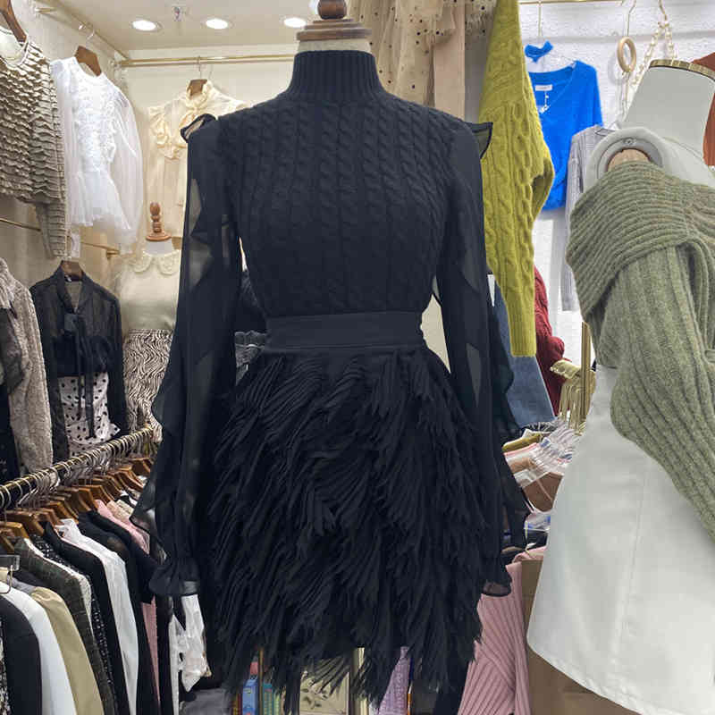 Two Piece Dress 2021 Spring Sweet Set Women Long Sleeve Knitted Chiffon Shirt Blouse + Mini Skirt Suits Korean Fashion Outfits R7C-image-706955722