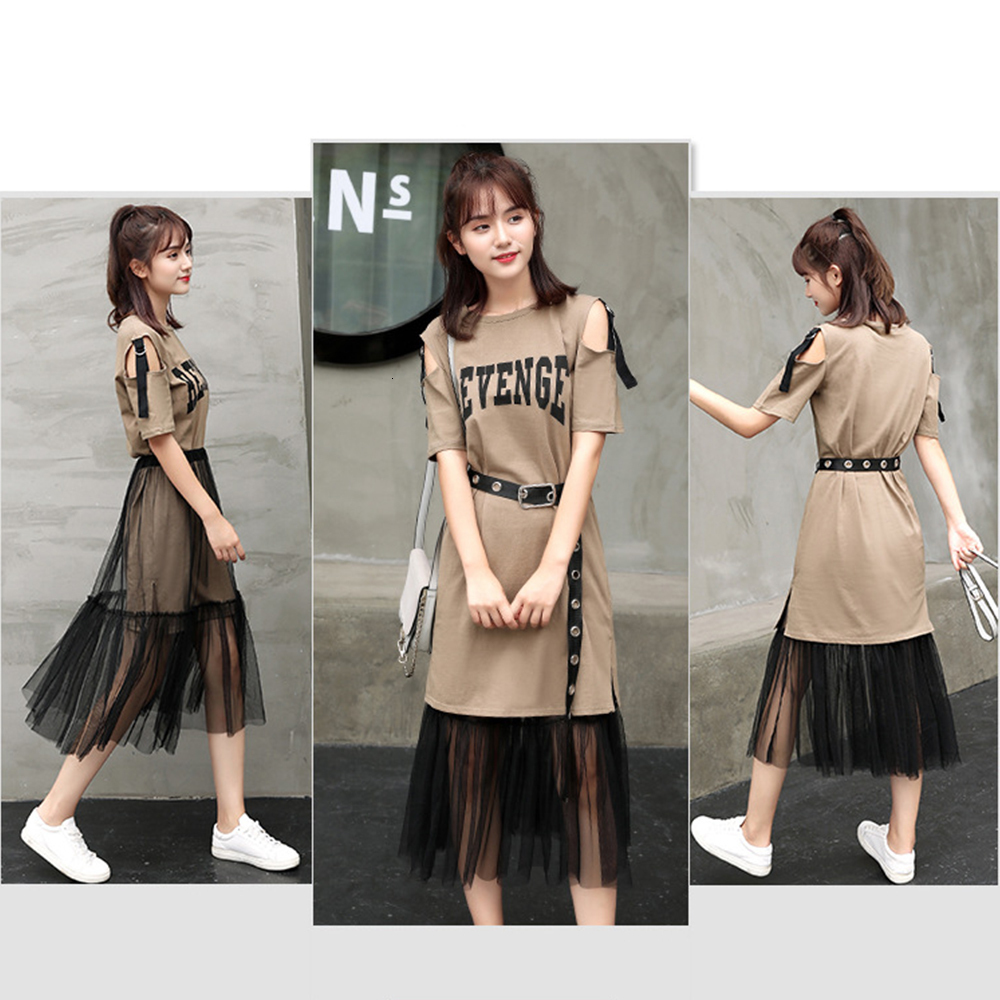 

2021 Women New Fashion 2 Pcs Cotton Long Strapless T-shirt +mesh Skirt Sets Female Casual Loose Tshirt Fy5w, Khaki