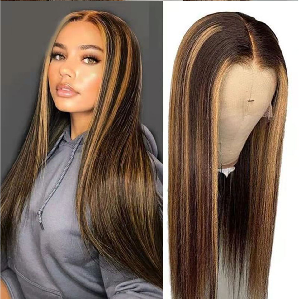 

Highlight Straight Lace Front Wigs Brazilian Human Hair Straight Wigs Ombre 4/27 13X4 Frontal Wig Transparent Lace Closure Wigs, As the picture shows