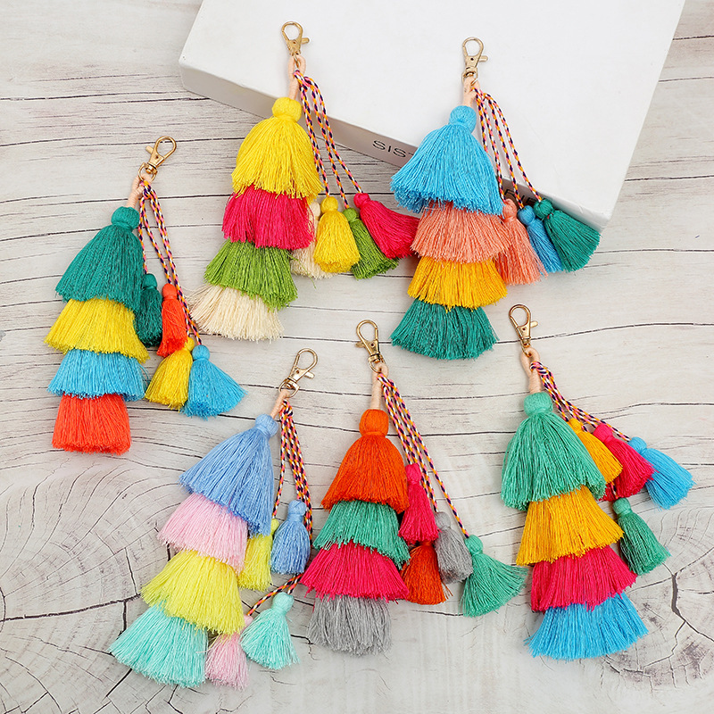 

Pom Colorful 4 Layered Tassel Keychain cellphone charm Bag charms Gradient Colors Key Holder Boho Jewelry Gift for women