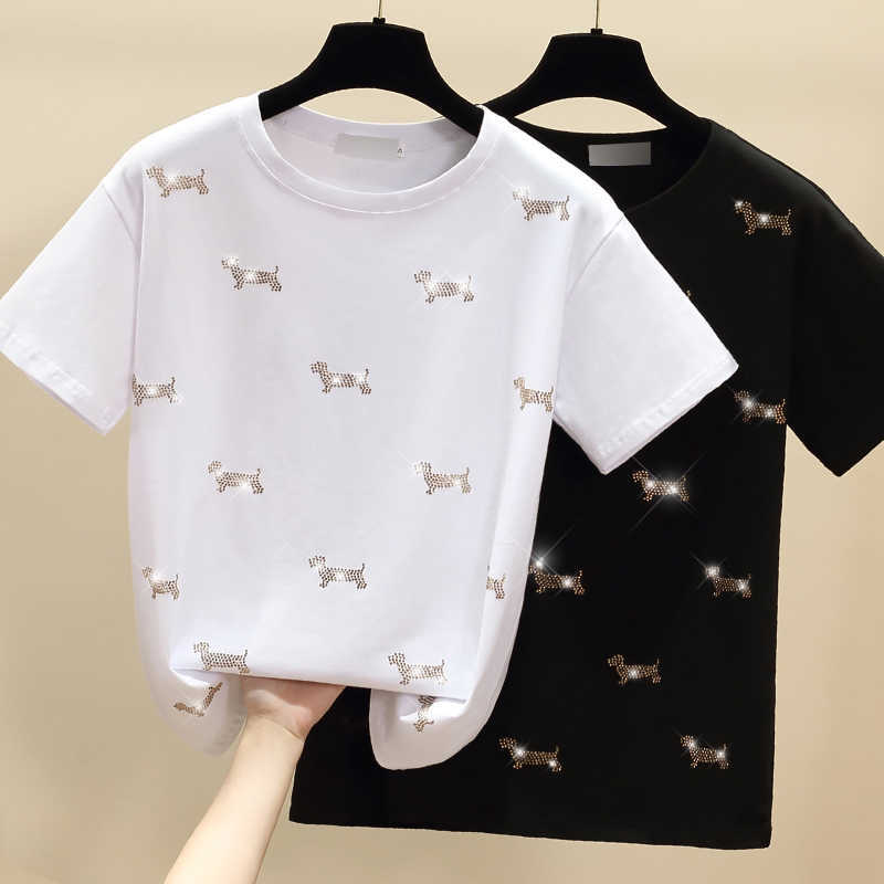 

Short Sleeve Korean T shirt Women Clothes Diamond Cotton Casual White Female T-Shirt Summer Tops Black Tee Shirt 210604