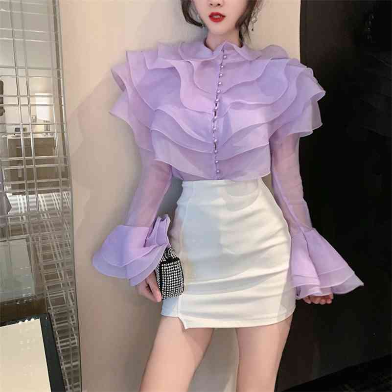 

France Autumn Women's Layer Ruffles Solid Top Fashion Female Flare Sleeve Patchwork Elegant Perspective Chic Blouses Shirts 210721, White