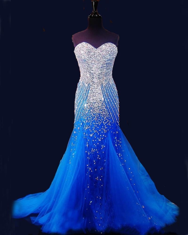 

2021 New Blue Mermaid Long Prom Es Women Sexy Sweetheart Vestido Luxury Beaded Crystal Tulle Pageant Evening Gown P1bx