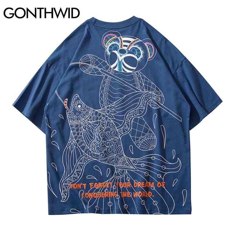 

T-Shirts Japanese Style Bear Koi Fish Print Tshirts Streetwear Harajuku Hip Hop Fashion Casual Short Sleeve Tee Tops 210602, Blue