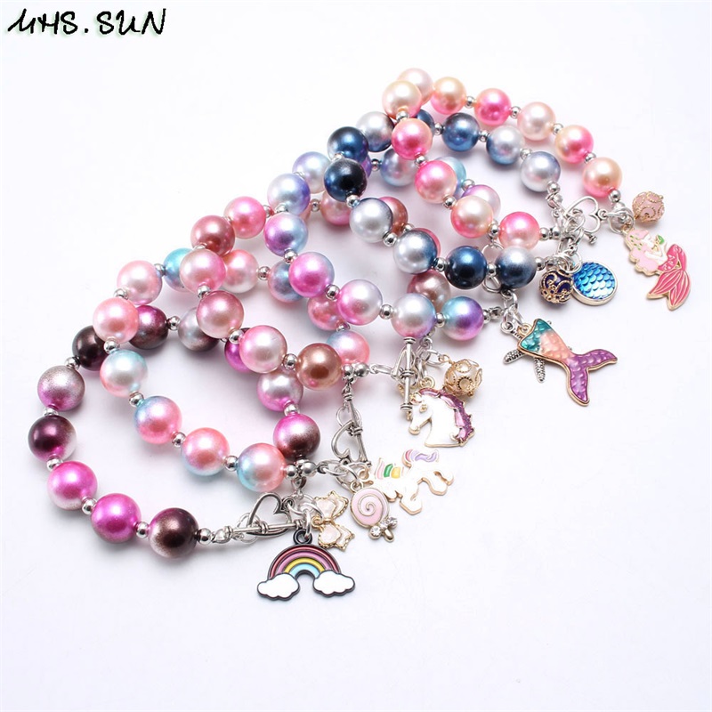 

kids Jewelry Bracelet Colorful Beads love heart Rainbow Charms bracelet Cute Design Princess bracelet for girl Jewelry gift 4678 Q2, As picture / mix 12 colors