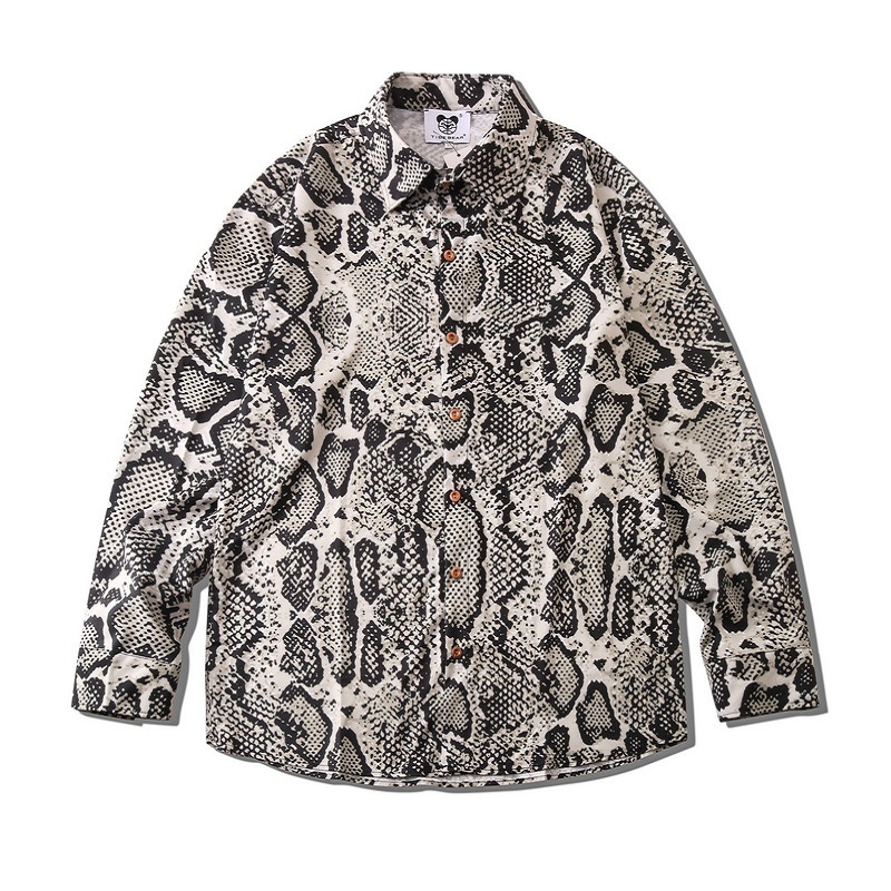 

2021 Spring Men' Vintage Loose Serpentine Printed Shirts Korean Style Long Sleeve Turndown Collar Oversized Shirt for Man Defacto 84zh, Photo color