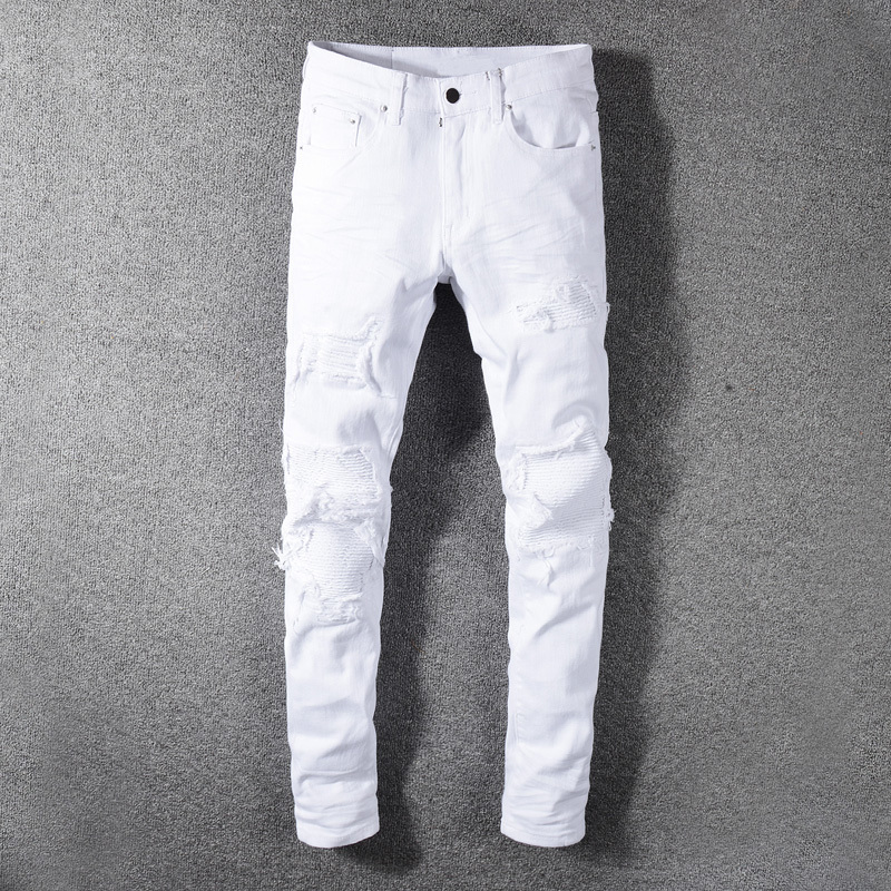 

2021 New Moda Streetwear Cor Branca Slim Fit Destrudo Rasgado Calas Brim Dos Homens Designer De Patchwork Elstica Htl3, White