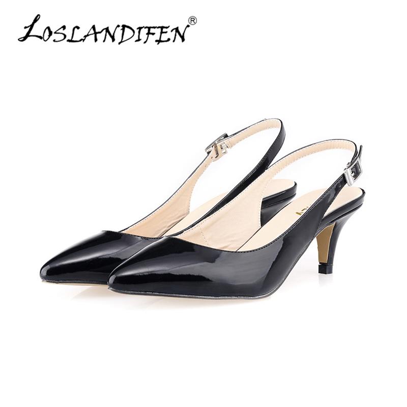 

LOSLANDIFEN Pumps Women Black Patent Leather Med High Heels Sexy Buckle Work Ladies sapatos femininos Party Wedding Shoes678-4PA