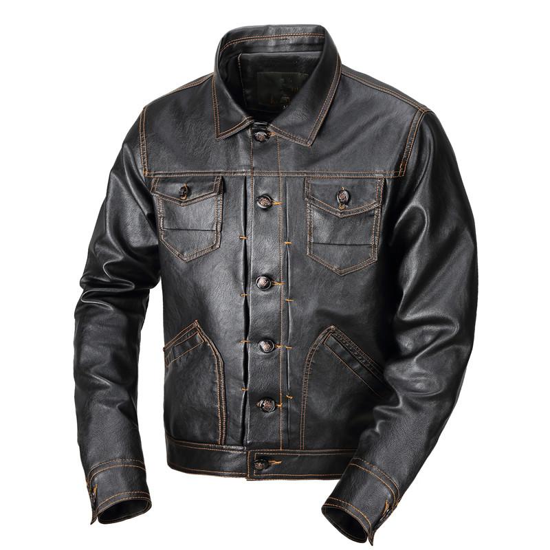 

Men' Jackets Spring PU Leather Jacket Casual Motorcycle Faux Turn-down Collar Single Breasted Outerwear Coats Jaqueta, Black