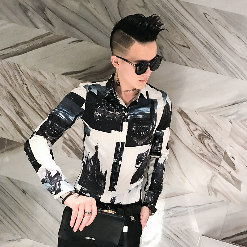 

New Estilo Britnico Masculina Casual Impresso Camisas De Manga Longa Moda 2021 Primavera Nova Magro Ajuste Streetwear Blusa Homme Todos Os O, White