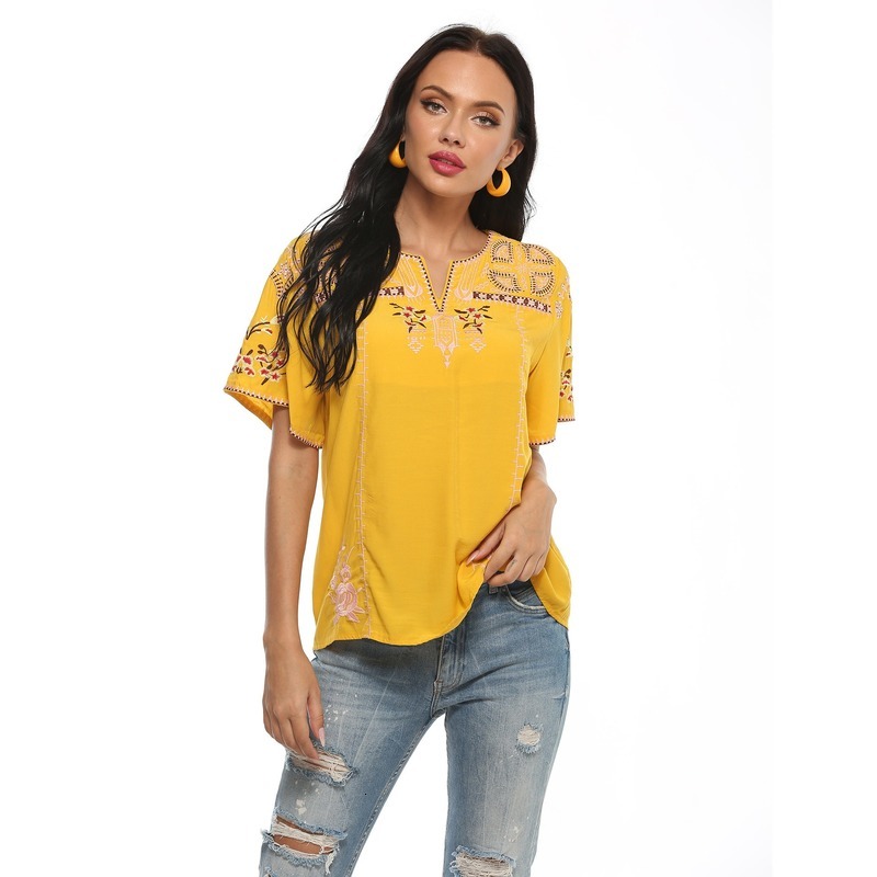

2021 New Cotton Shirts Summer European and American V-neck Pullover Embroidered Floral Casual Shirt Office Lady Women's Tops Iesz, Yellow