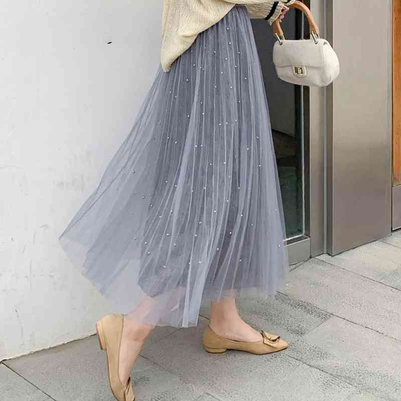 

A-Line Casual Elegant Skirt Women Women's Pleated Mesh Pearl Beading with High Waist Quality Loose Midi 210603, Apricot