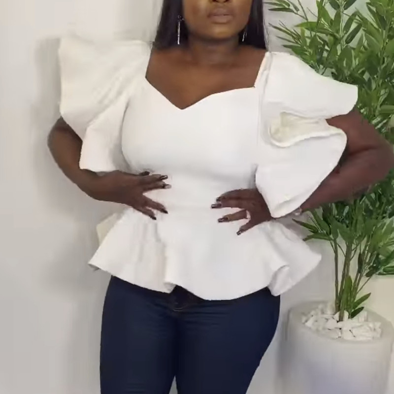New Women White Blouse Tops Ruffles Sleeve Peplum Party Club Night Date Out Fashion Female 2021 Spring Summer Shirts Elegant Blusas 0035