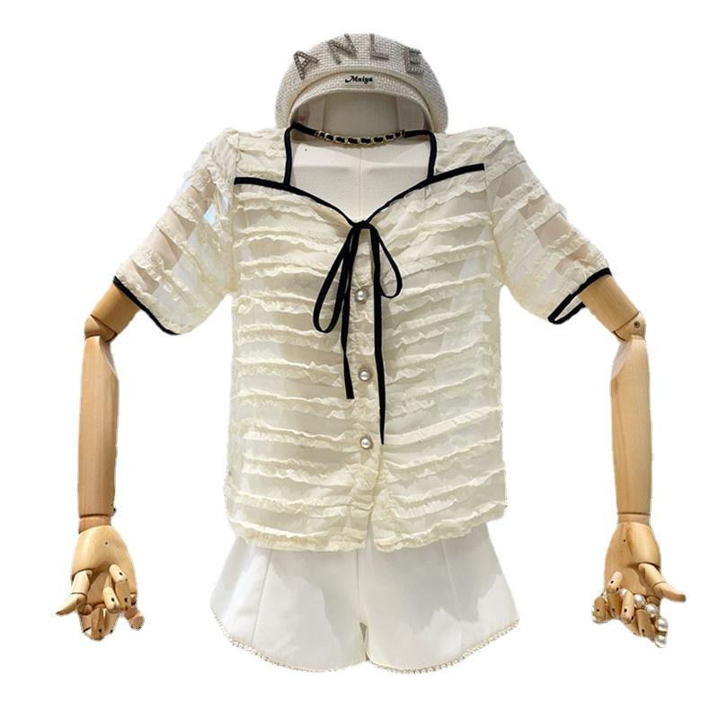 

Women's Blouses & Shirts Korean Fashion Women Summer Sheer Tops Short Sleeve Loose Ruffled Chiffon Blouse Square Collar Sexy Transparent, White