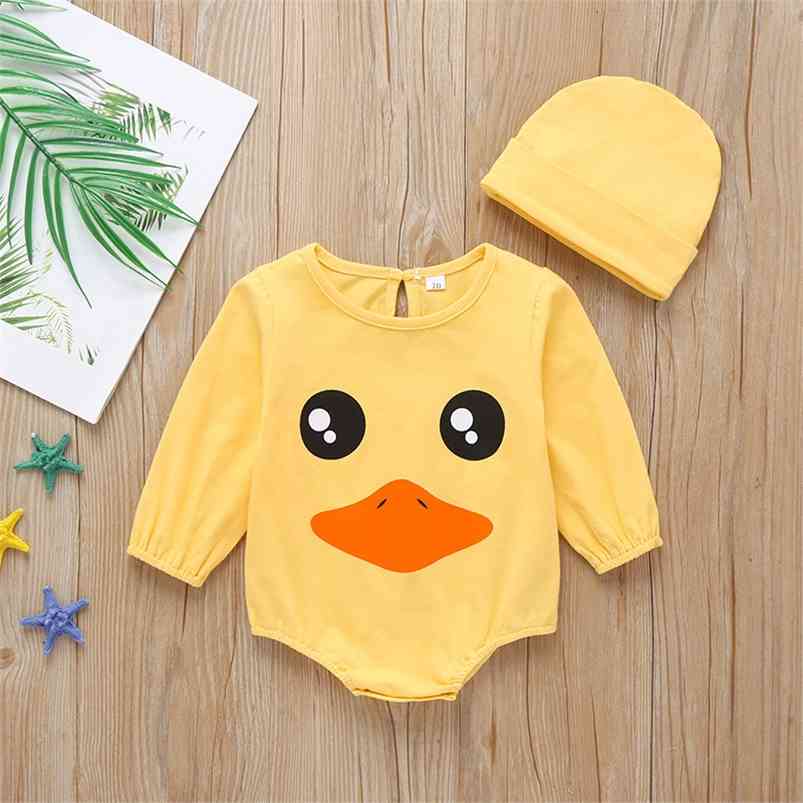 

Infant born Boys Girls Clothes Summer Long Sleeve Print Duck Yellow Solid Hat Cute Baby Rompers Outfits 210629