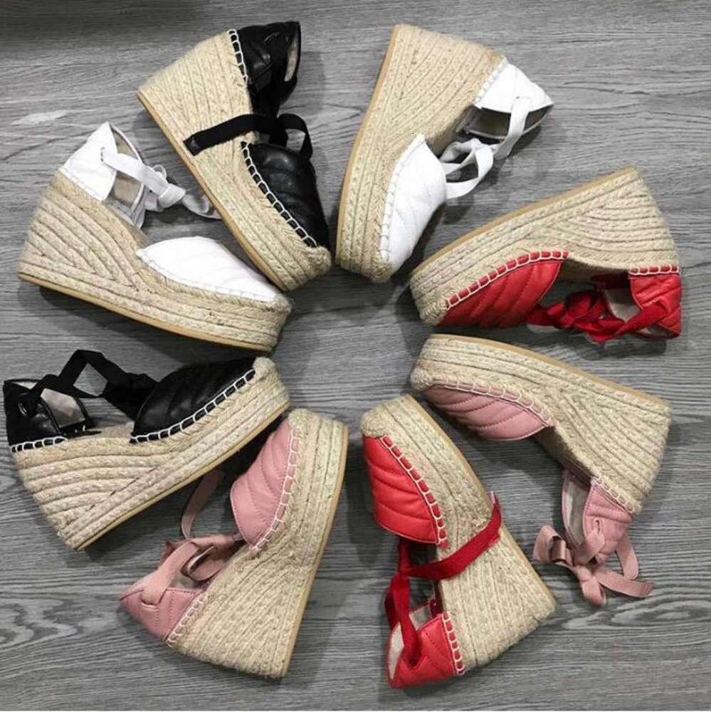 

Designer Women Wedge Platform Sandals Espadrille shoes Real Leather Ankle Lace-up matelassé espadrille Ladies High Heel 12cm NHQF, Color 2