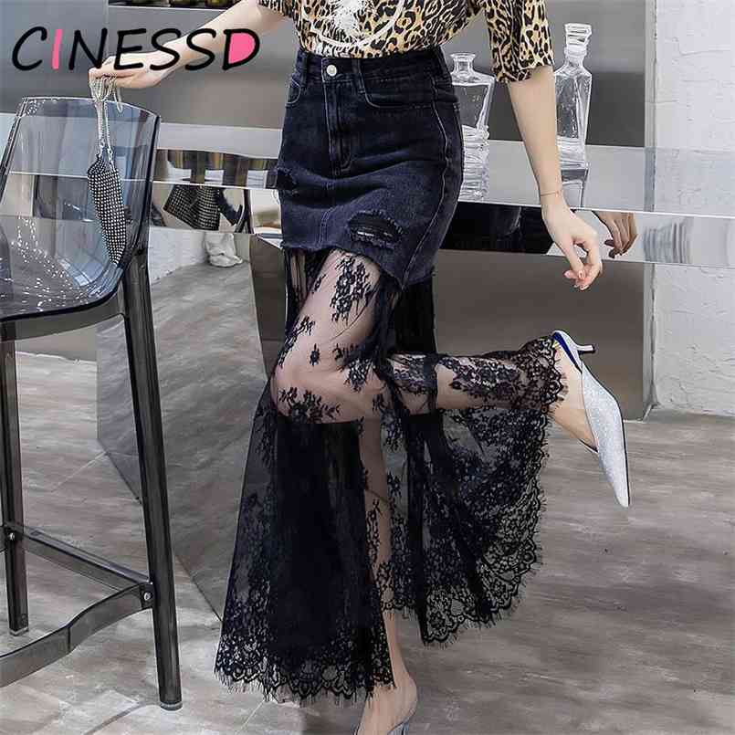 

Sexy Mesh Womens Tulle Skirts Summer High Waist Long Black Jeans Tutu Pleated Denim Patchwork Midi Saias 210708