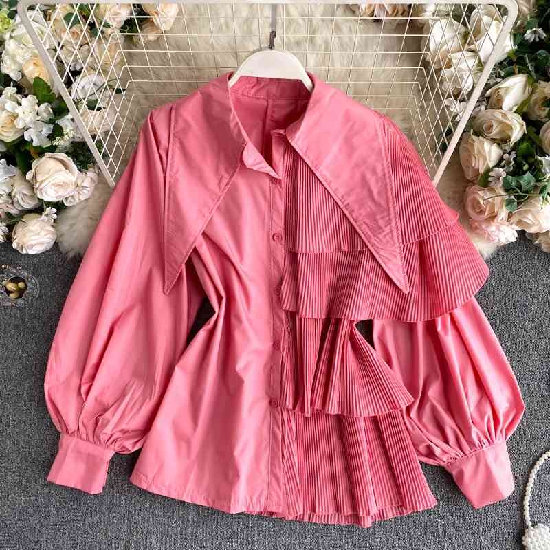 

Fashion Streetwear Autumn Shirts Irregular Design Solid Puff Sleeves Pleated Ruffles Top Women Blouses 210615, Pink