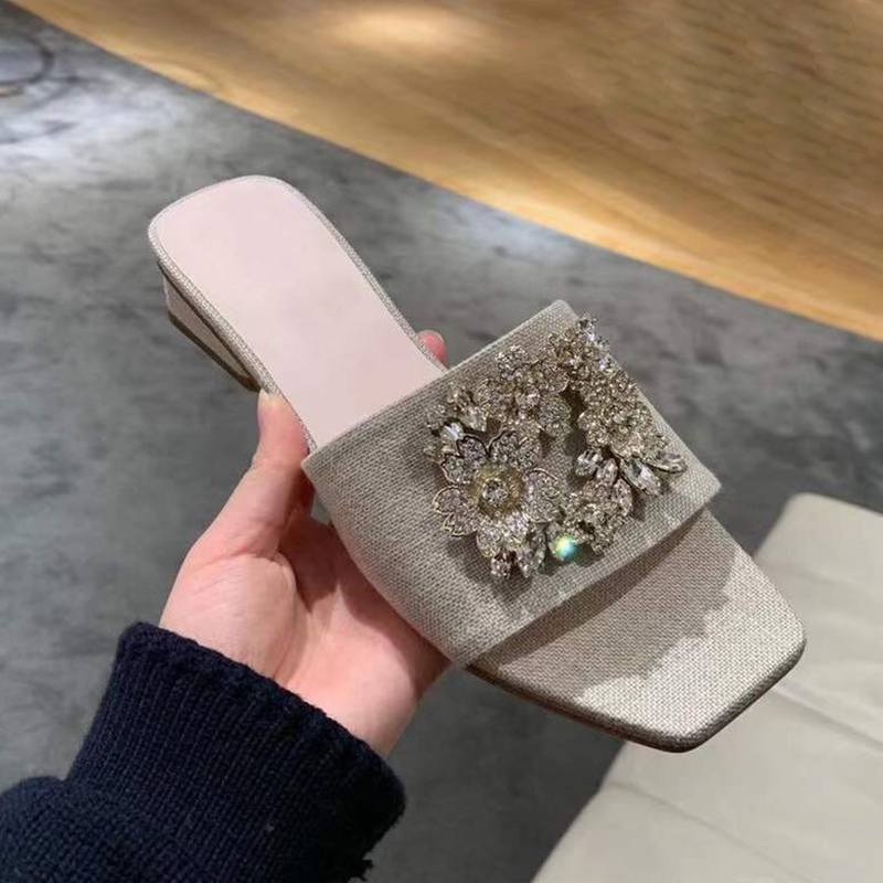 

summer quality womens slippers Rhinestone square buckle decoration sandals genuine leather shoes Scuffs Moccasins women Designer slipper factory footwear, Black satin