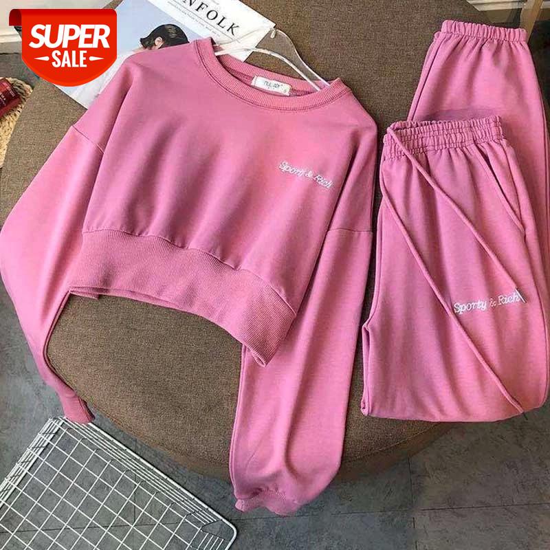 

Autumn new suit with cotton embroidery sports round neck casual student suit Korean version loose fashion net red two-piece set #919U, Black;white