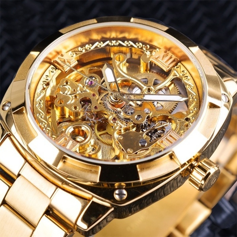 

3 Colors Mens Luxury Skeleton Automatic Winding Mechanical Watches Gold/Silver/Black Stainless Steel Waterproof Wristwatch