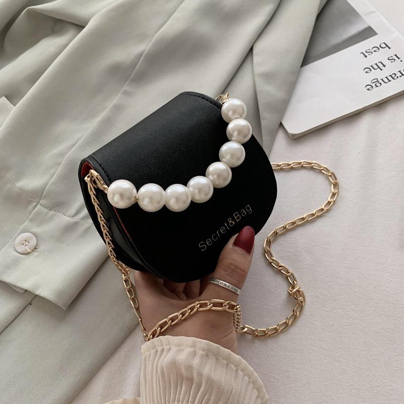 

Small Bag Female 2021 New Korean Chain Pearl Portable Shoulder Bag Fashion All Match Cross-body, Black