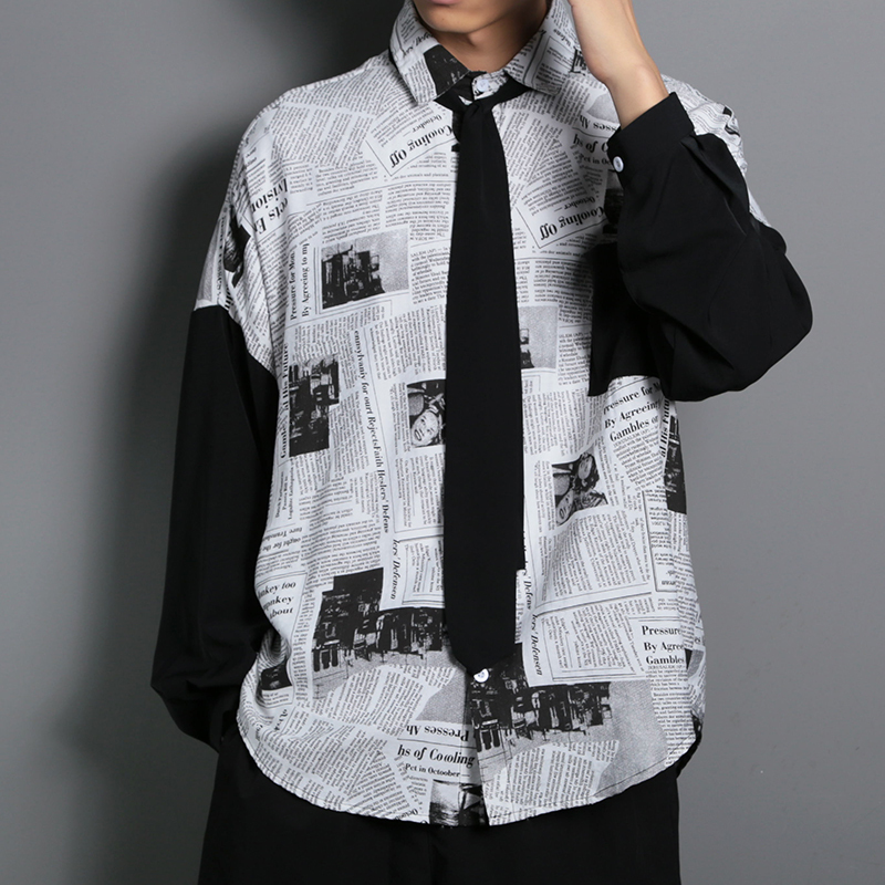

2021 New Send Necktie Men's Hawaiian Long Sleeves Newspaper Printing Shirt Splicing Color French Cuff Mens Fashion Shirts Size M-2xl Vz2f, Black