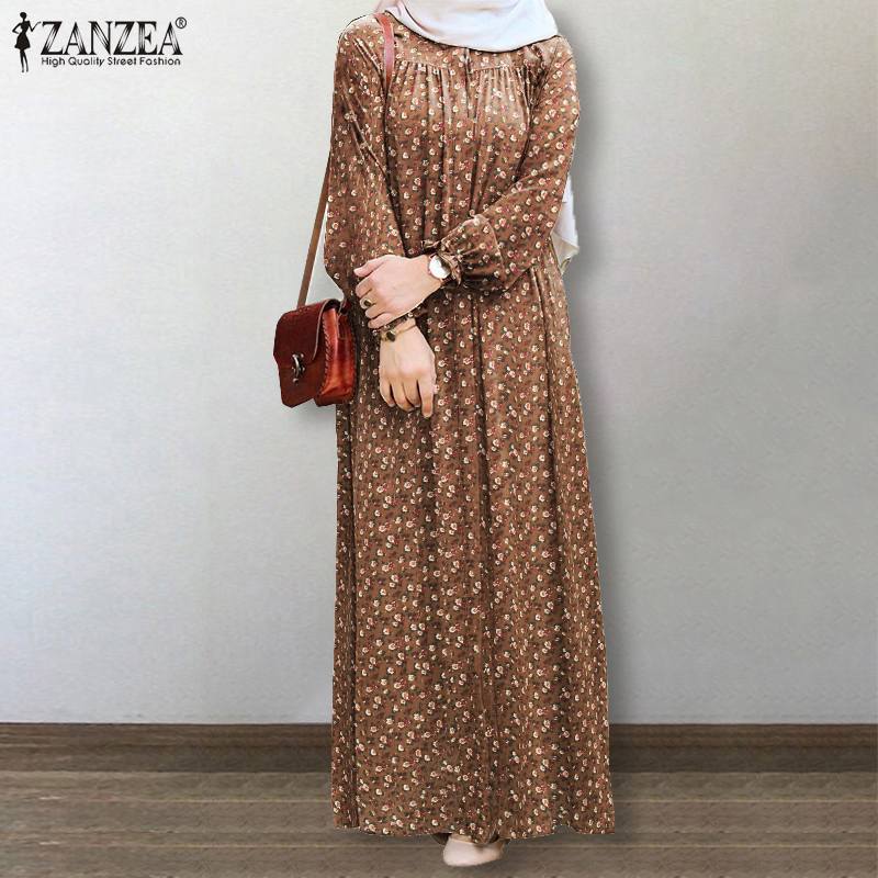 

ZANZEA Women Muslim Islamic Dress Vintage Floral Printed Dubai Abaya Turkey Hijab Dress Casual Lapel Neck Long Sleeve Sundress X0521, Red plaid