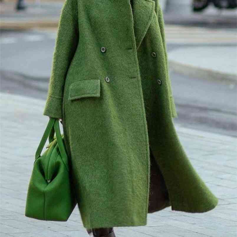 

autumn/winter long woolen coat solid color temperament beltless lapel loose-fitting green 210909