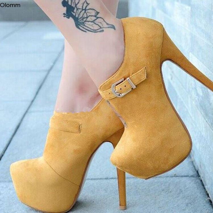 

Dress Shoes Olomm Women Platform Pumps Sexy Buckle Stiletto High Heels Round Toe Nice Yellow Plus US Size 5-15, D1745 customize
