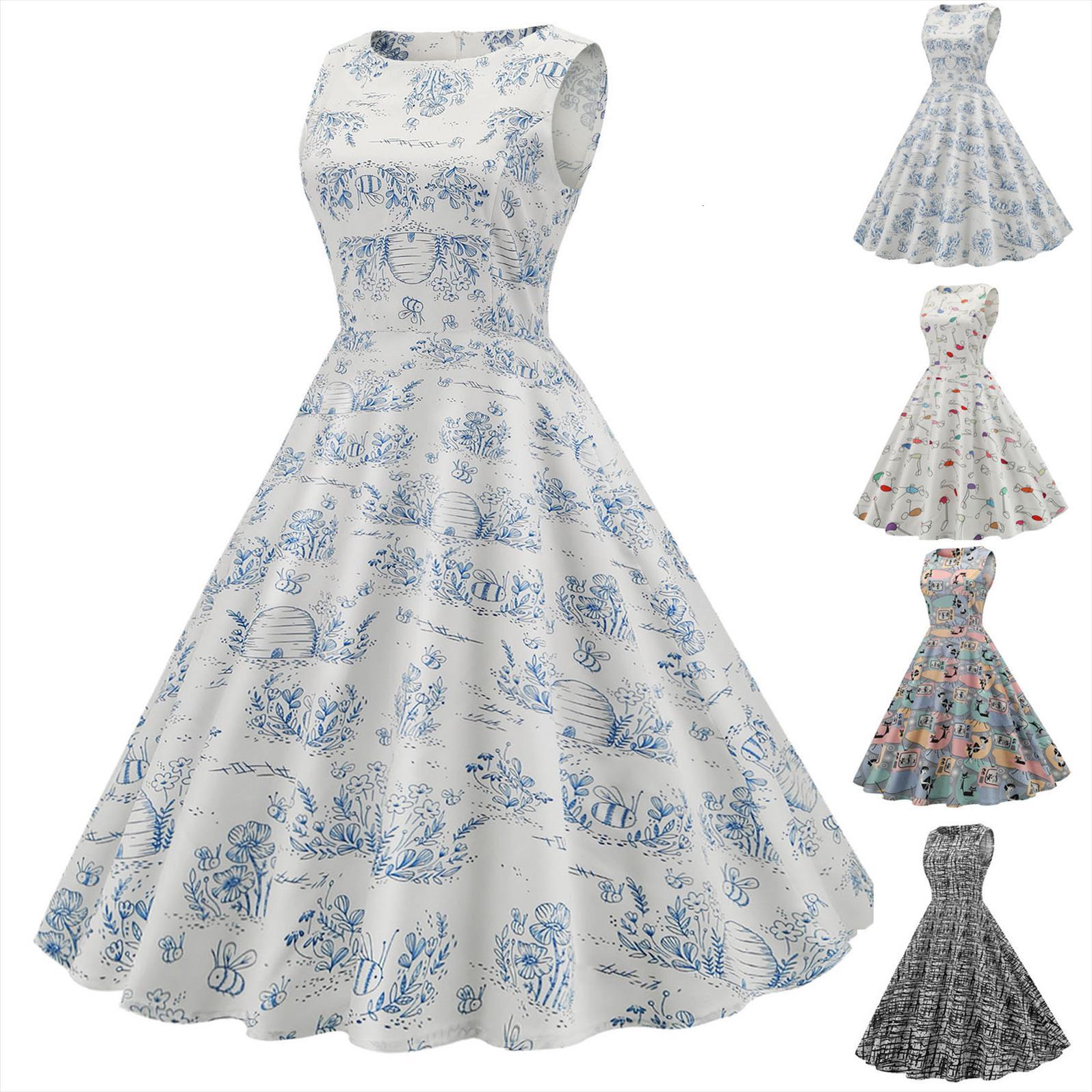 

summer short sleeve casual women dresses o neck vintage print party swing dress daily vestido mujer, Black;gray