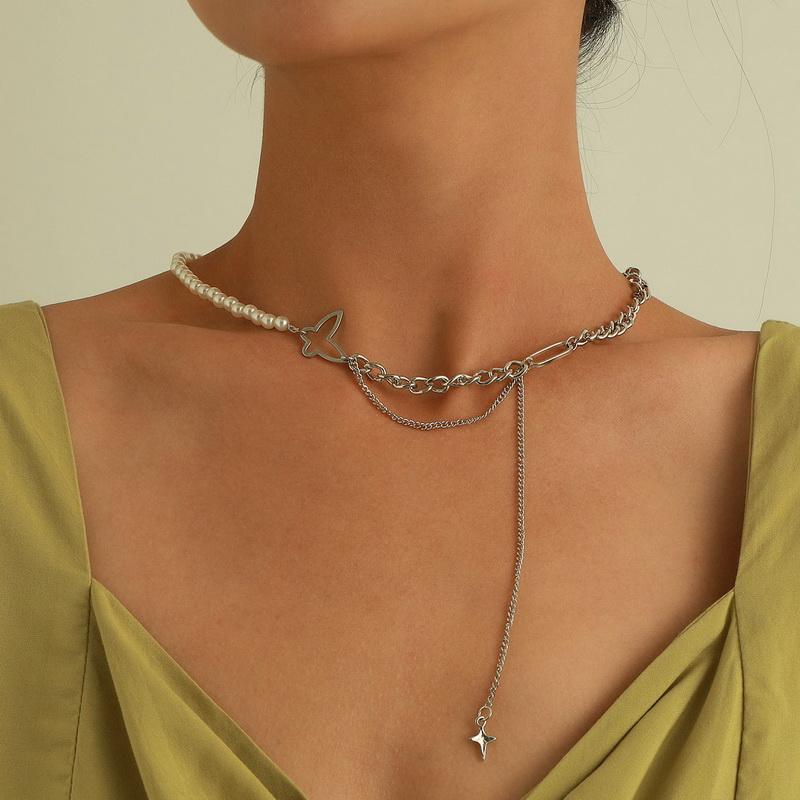 

Pendant Necklaces Fashion Imitation Pearl Butterfly Cross Necklace Women Vintage Punk Thick Chain Clavicle Colar Jewelry Gift