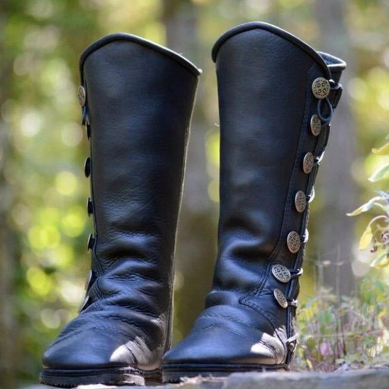

Boots Retro Women Buckle Men Leather Viking Pirate Knee High Outdoor Hiking Knight Carnival Party Cosplay Causal Shoes, Black