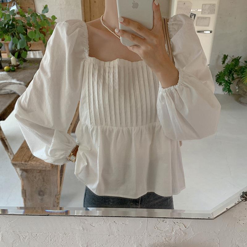 

Women's Blouses & Shirts Blusa Mujer Korean Puff Long Sleeve Square Collar White Blouse Women Pleated Doll Shirt Casual Tops Wild Stitching