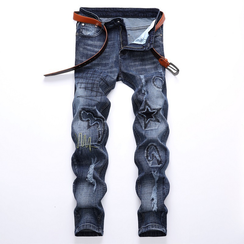 

New 2021 Autumn Spring Men's Ripped Street Hip Hop Punk Stretch Bike Jeans Trendy Holes Straight Denim Trouers L1kn, 9706 no belt