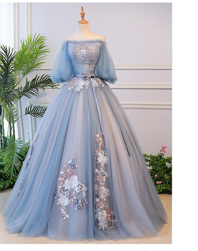 

Luxury Fashion Women Blue Off Shoulder Sexy Wedding Evening Party Dresses Puff Sleeve Embroidery Mesh Ball Gown 9j0a