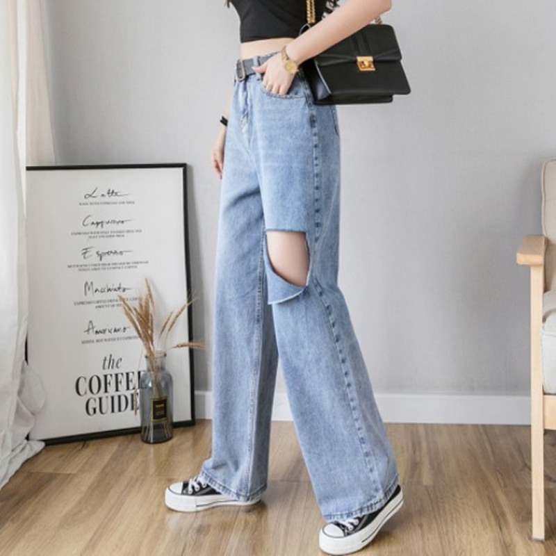 

2021 New Woman High Waist Ripped Jeans Autumn Winter for Clothes Wide Leg Denim Clothing Blue Fashion Vintage Pants 72bo