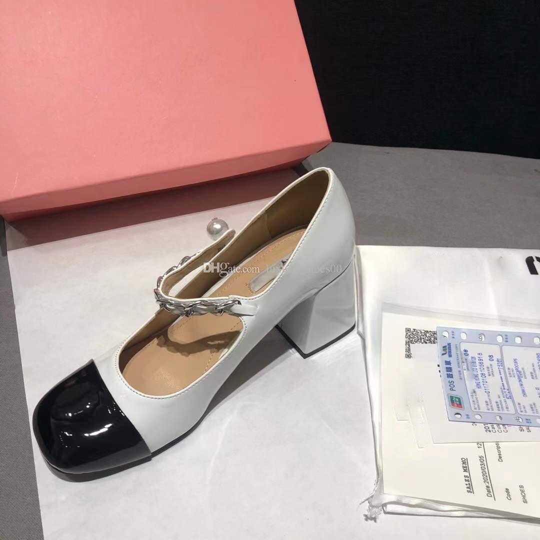 

Miu high heels sandals women's Hepburn style patent leather Mary Jane Square Head dress shoes Thick Round Toe Pumps, White