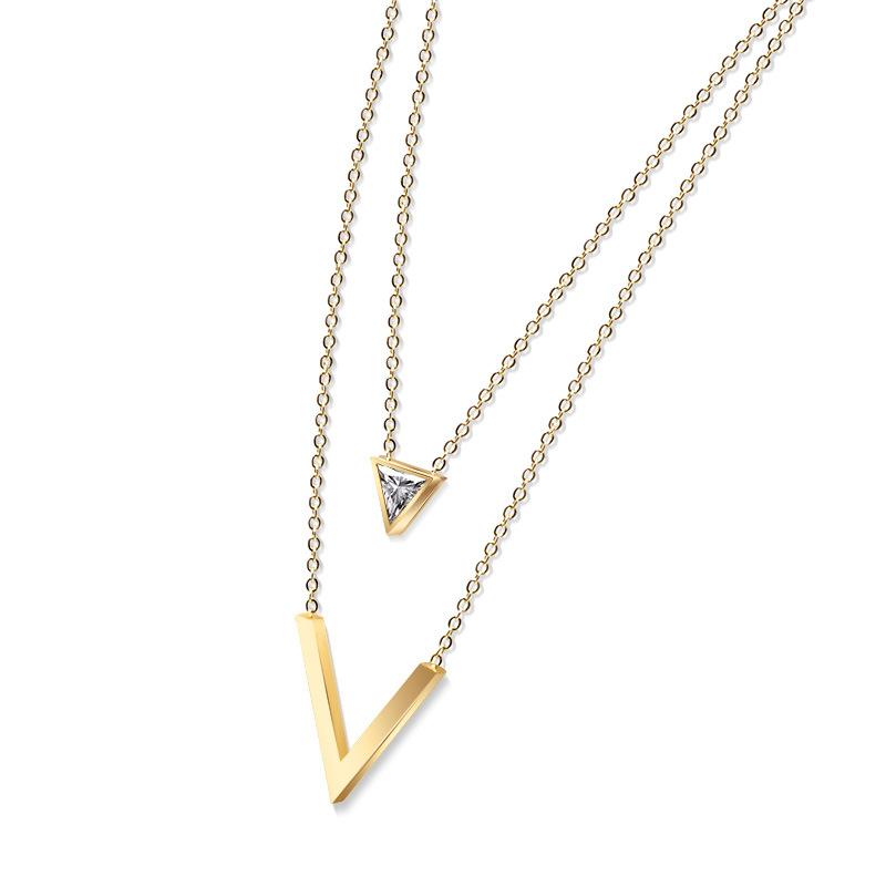 

Pendant Necklaces Martick 316L Stainless Steel Gold-color Triangle Crystal Necklace Double Layer Chain For Women Girls
