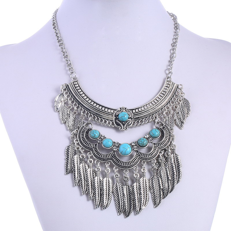 

Fashion Collier Femme Jewelry Vintage Maxi Statement Necklaces Leaves Tassel Blue Stone Beads Bohemian Necklace Women